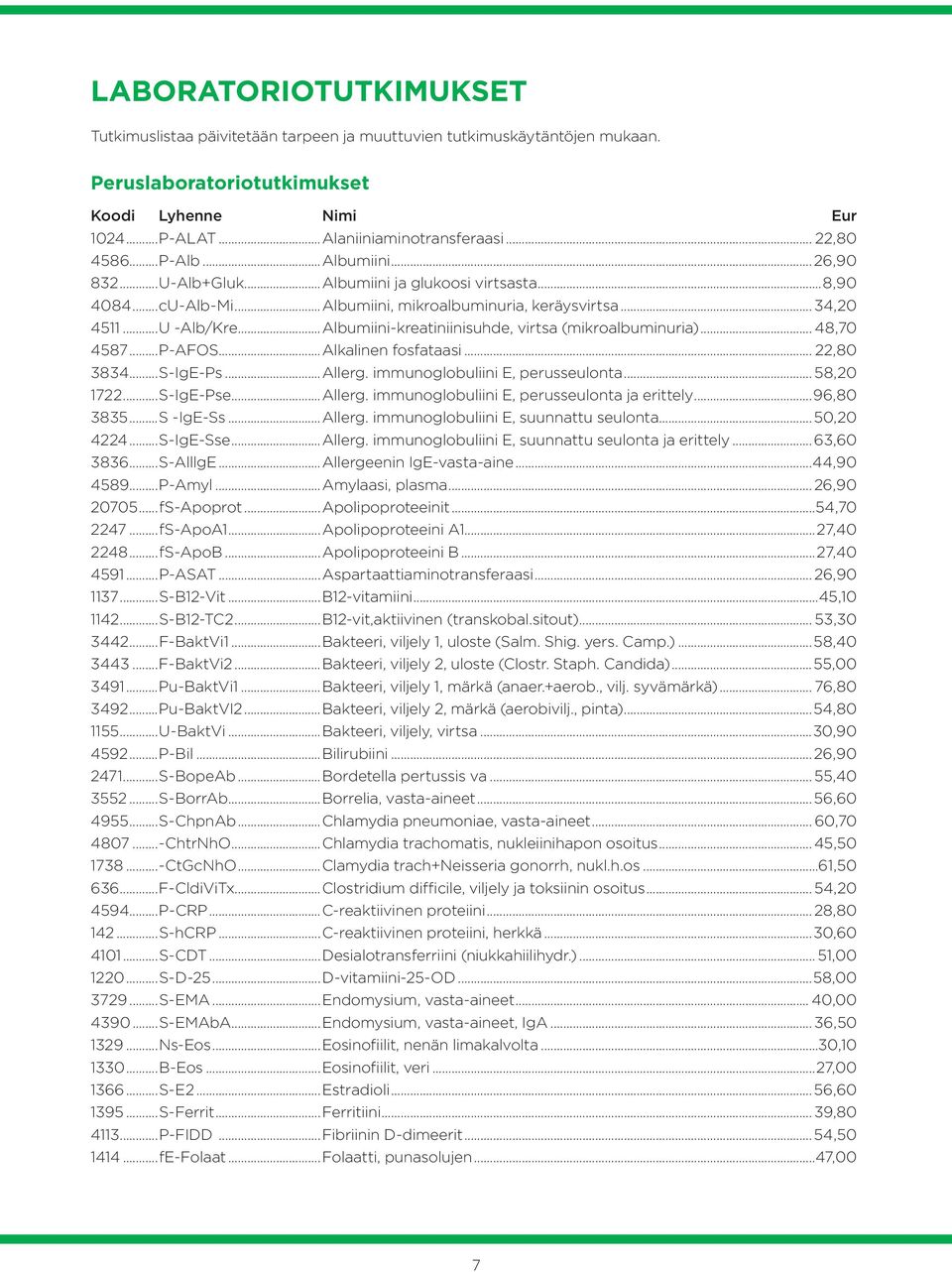 ..Albumiini-kreatiniinisuhde, virtsa (mikroalbuminuria)... 48,70 4587...P-AFOS...Alkalinen fosfataasi... 22,80 3834...S-IgE-Ps...Allerg. immunoglobuliini E, perusseulonta... 58,20 1722...S-IgE-Pse.