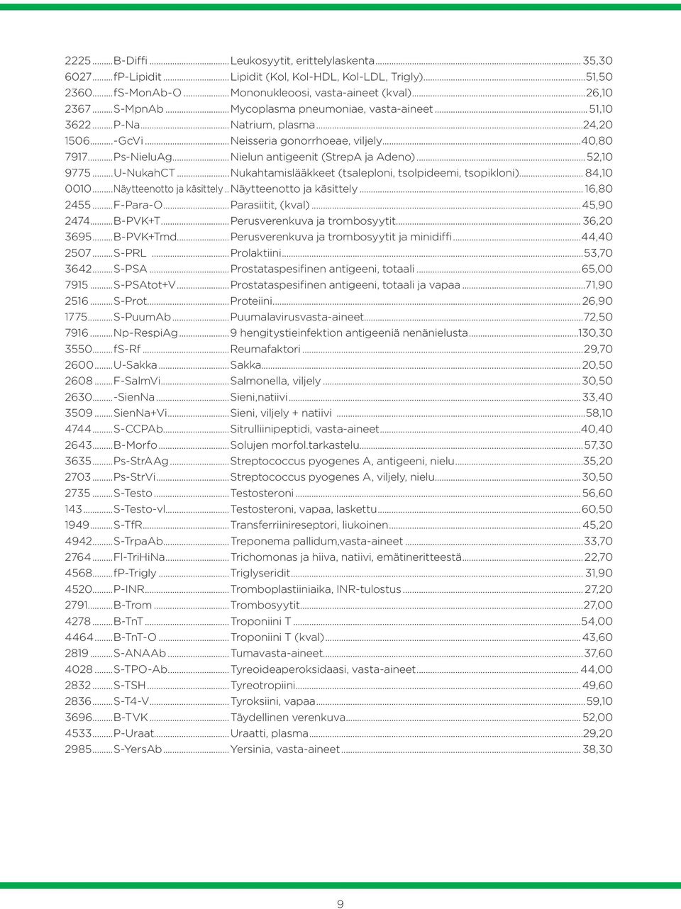 ..52,10 9775...U-NukahCT...Nukahtamislääkkeet (tsaleploni, tsolpideemi, tsopikloni)... 84,10 0010...Näytteenotto ja käsittely...näytteenotto ja käsittely... 16,80 2455...F-Para-O...Parasiitit, (kval).