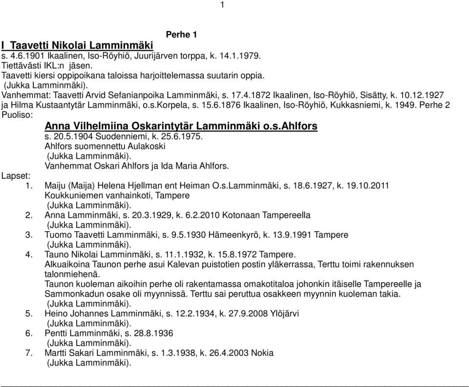 1927 ja Hilma Kustaantytär Lamminmäki, o.s.korpela, s. 15.6.1876 Ikaalinen, Iso-Röyhiö, Kukkasniemi, k. 1949. Perhe 2 Puoliso: Anna Vilhelmiina Oskarintytär Lamminmäki o.s.ahlfors s. 20.5.1904 Suodenniemi, k.