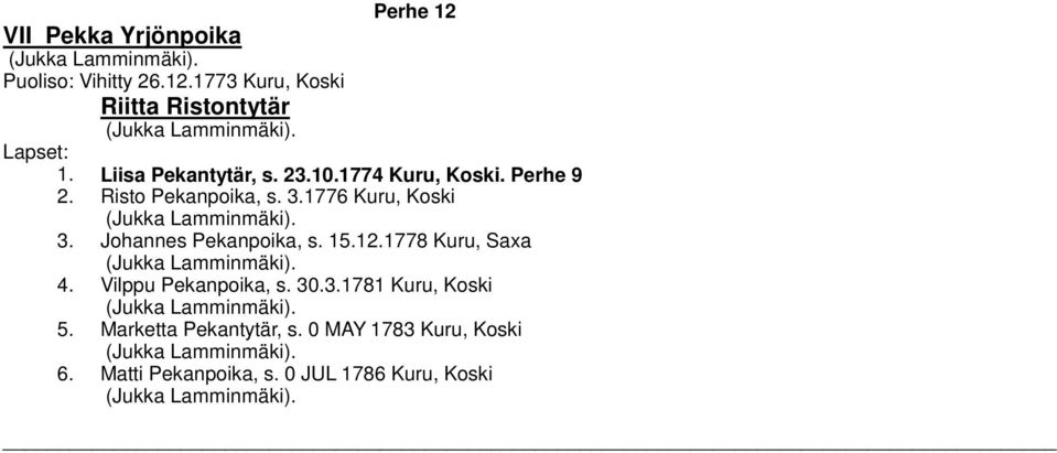 1776 Kuru, Koski 3. Johannes Pekanpoika, s. 15.12.1778 Kuru, Saxa 4. Vilppu Pekanpoika, s. 30.