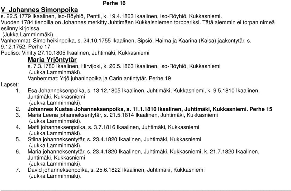 1755 Ikaalinen, Sipsiö, Haima ja Kaarina (Kaisa) jaakontytär, s. 9.12.1752. Perhe 17 Puoliso: Vihitty 27.10.1805 Ikaalinen, Juhtimäki, Kukkasniemi Maria Yrjöntytär s. 7.3.1780 Ikaalinen, Hirvijoki, k.