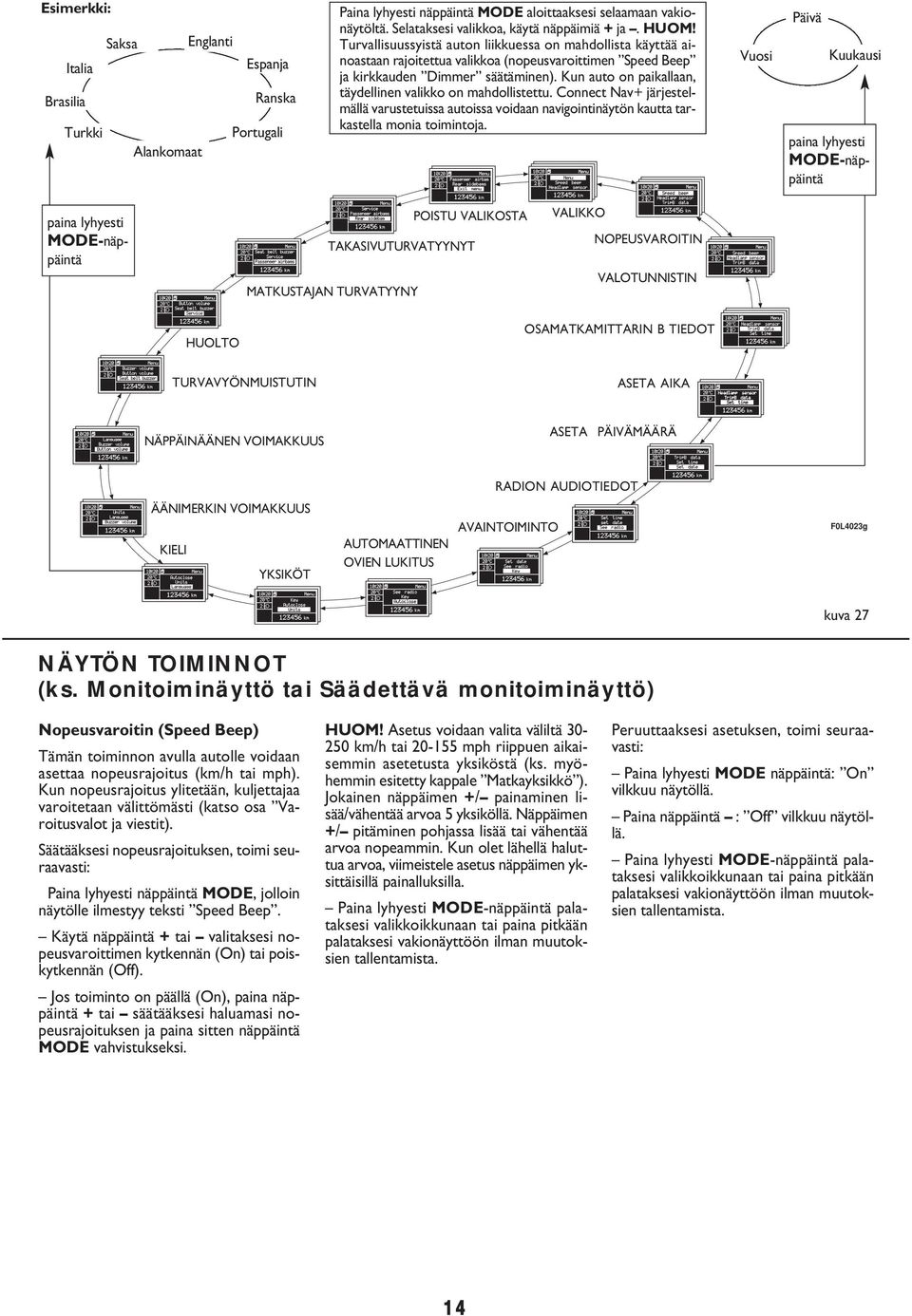 Kun auto on paikallaan, täydellinen valikko on mahdollistettu. Connect Nav+ järjestelmällä varustetuissa autoissa voidaan navigointinäytön kautta tarkastella monia toimintoja.