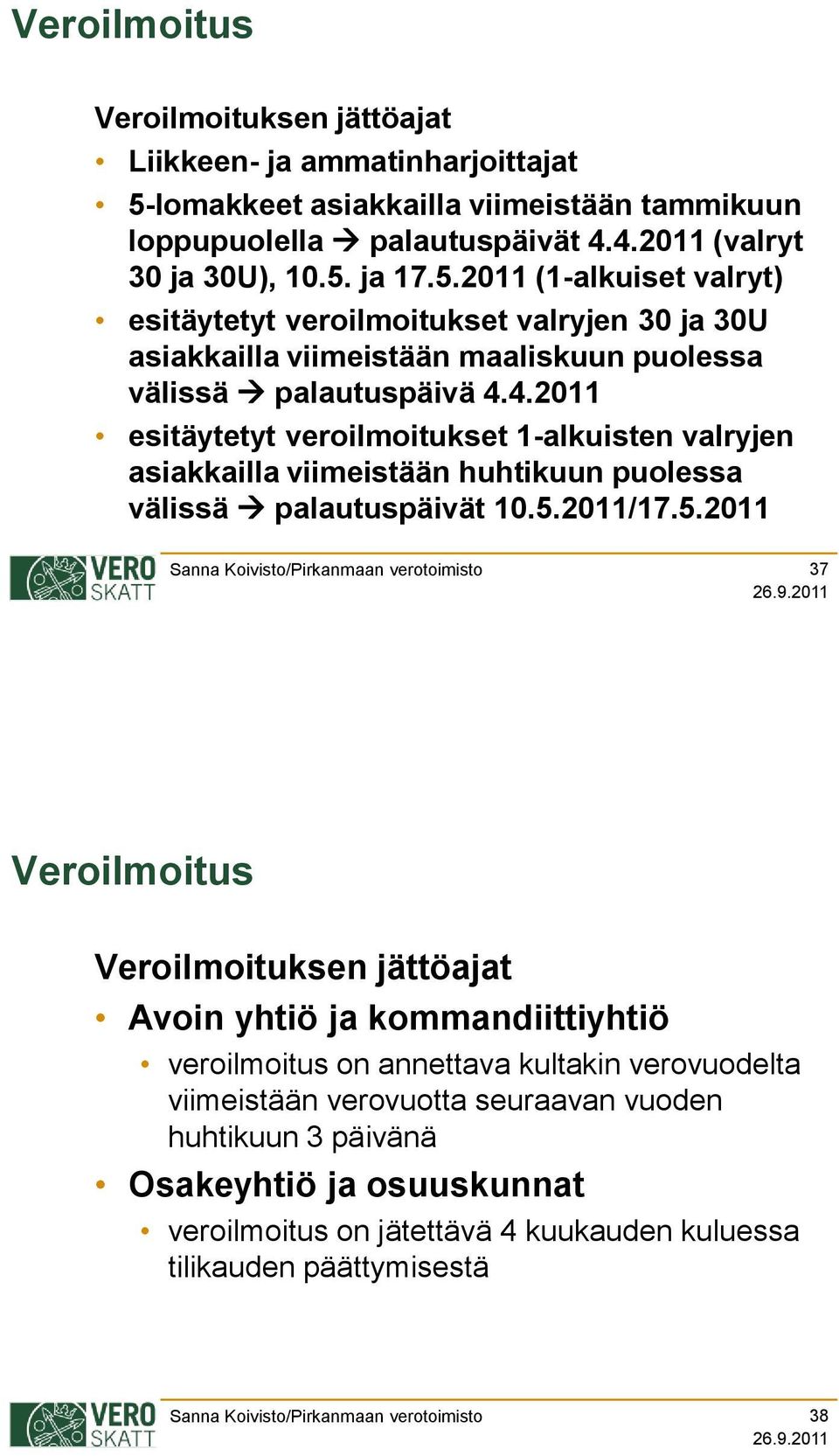 4.2011 esitäytetyt veroilmoitukset 1-alkuisten valryjen asiakkailla viimeistään huhtikuun puolessa välissä palautuspäivät 10.5.