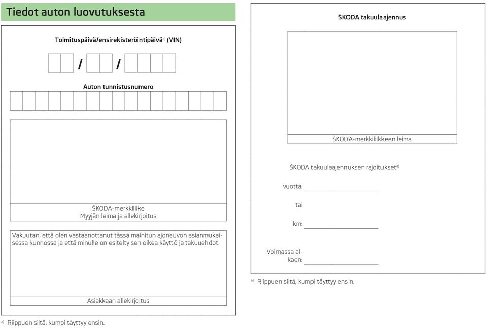 Vakuutan, että olen vastaanottanut tässä mainitun ajoneuvon asianmukaisessa kunnossa ja että minulle on esitelty sen oikea