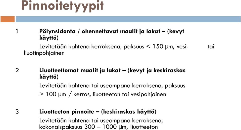 Levitetään kahtena tai useampana kerroksena, paksuus > 100 µm / kerros, liuotteeton tai vesipohjainen 3