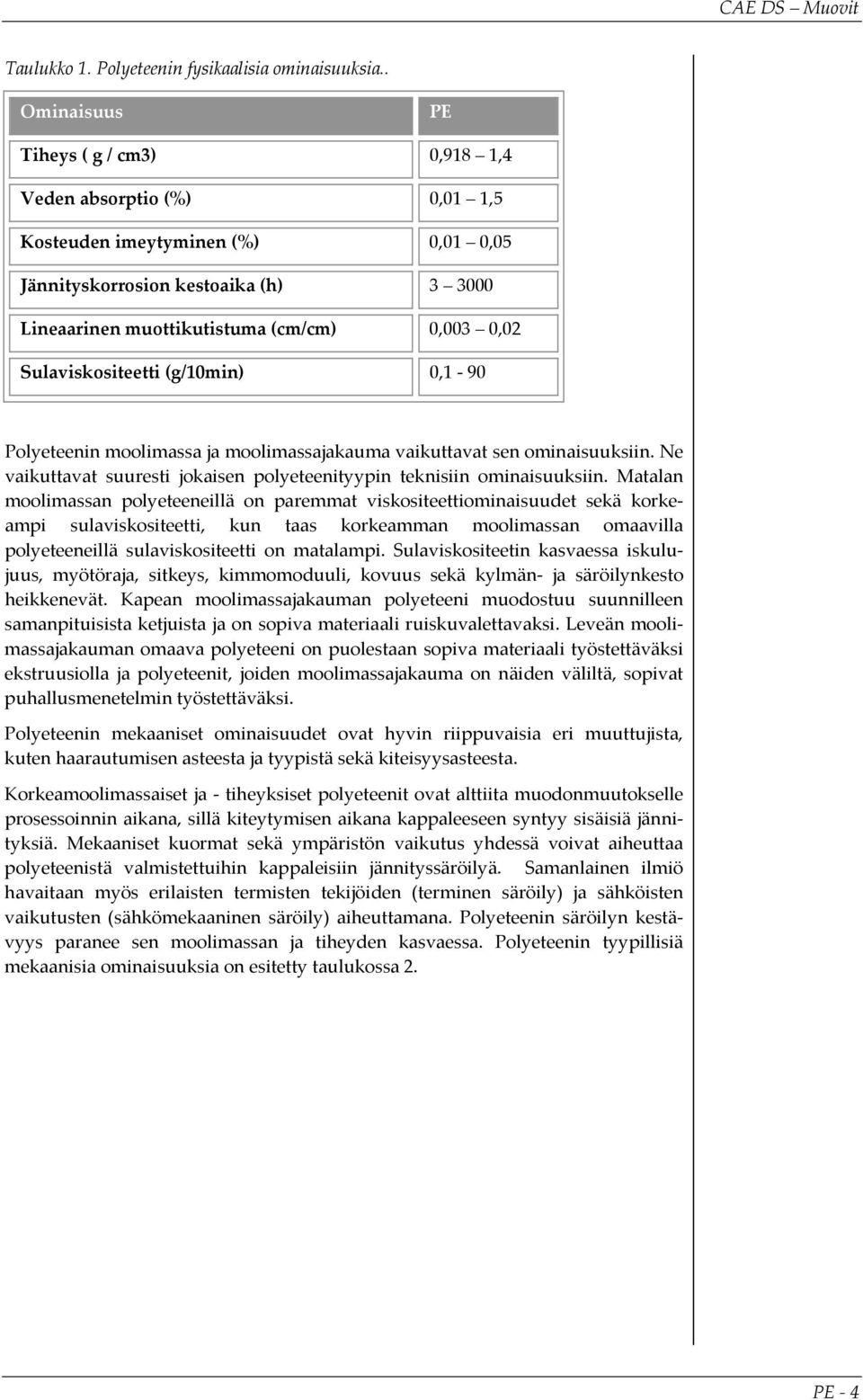 (g/10min) 0,1 90 Polyeteenin moolimassa ja moolimassajakauma vaikuttavat sen ominaisuuksiin. Ne vaikuttavat suuresti jokaisen polyeteenityypin teknisiin ominaisuuksiin.