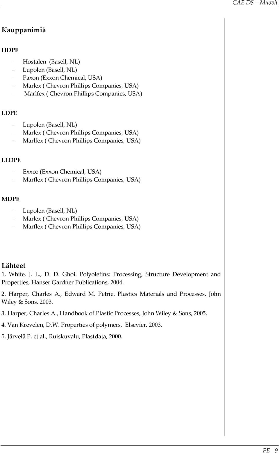 Chevron Phillips Companies, USA) Marflex ( Chevron Phillips Companies, USA) Lähteet 1. White, J. L., D. D. Ghoi.