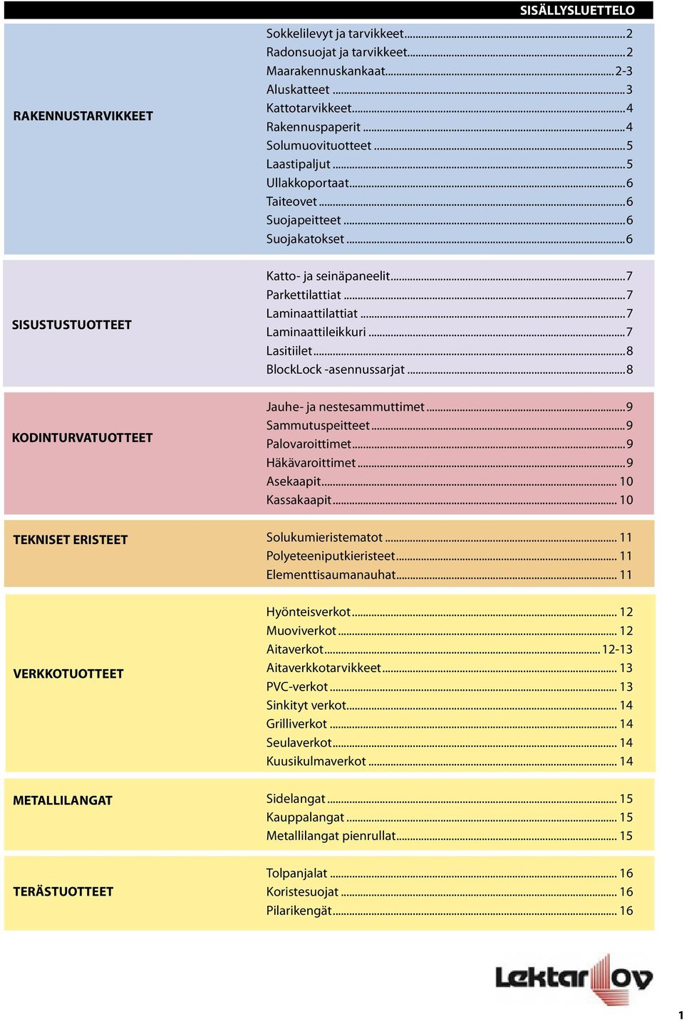 ..7 Lasitiilet...8 BlockLock -asennussarjat...8 KODINTURVATUOTTEET TEKNISET ERISTEET VERKKOTUOTTEET METALLILANGAT TERÄSTUOTTEET Jauhe- ja nestesammuttimet...9 Sammutuspeitteet...9 Palovaroittimet.