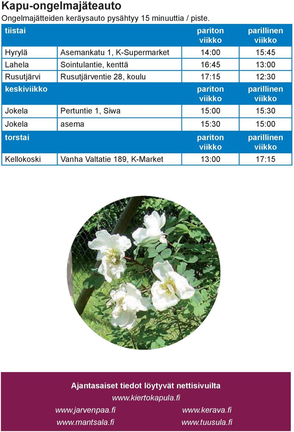 Rusutjärventie 28, koulu 17:15 12:30 keski pariton parillinen Jokela Pertuntie 1, Siwa 15:00 15:30 Jokela asema 15:30 15:00 torstai