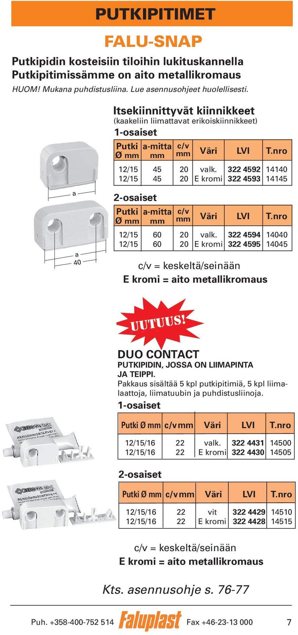 322 4592 14140 12/15 45 20 E kromi 322 4593 14145 2-osaiset Putki a-mitta c/v Ø mm mm mm Väri LVI T.nro 12/15 60 20 valk.