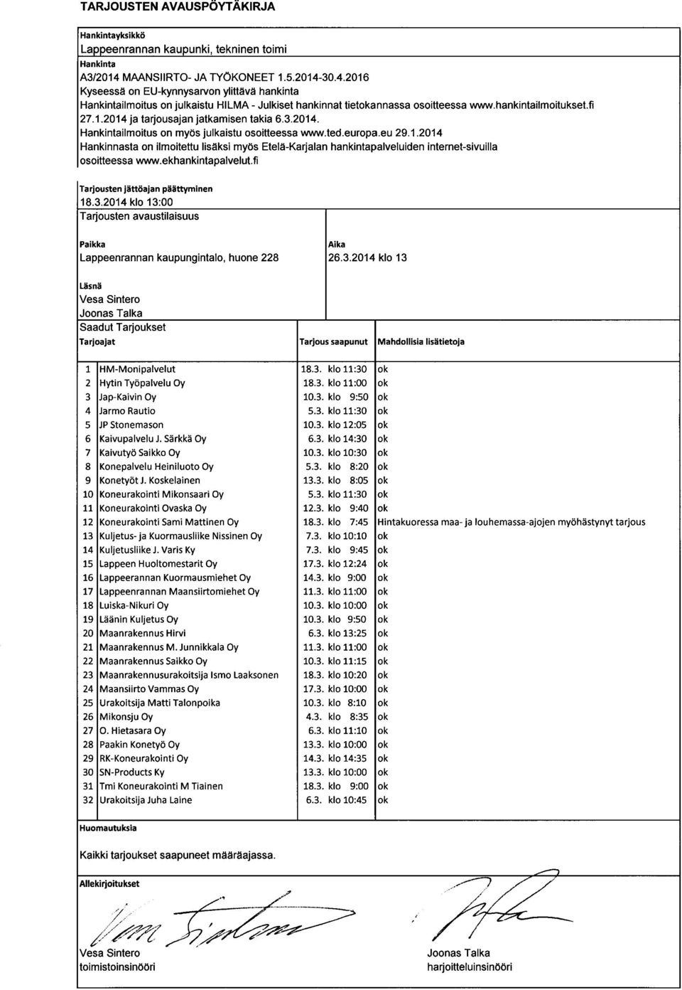 fi 27.1.2014 ja tarjousajan jatkamisen takia 6.3.2014. Hankintailmoitus on myös julkaistu osoitteessa www.ted.europa.eu 29.1.2014 Hankinnasta on ilmoitettu lisäksi myös Etelä-Karjalan hankintapalveluiden internet-sivuilla osoitteessa www.