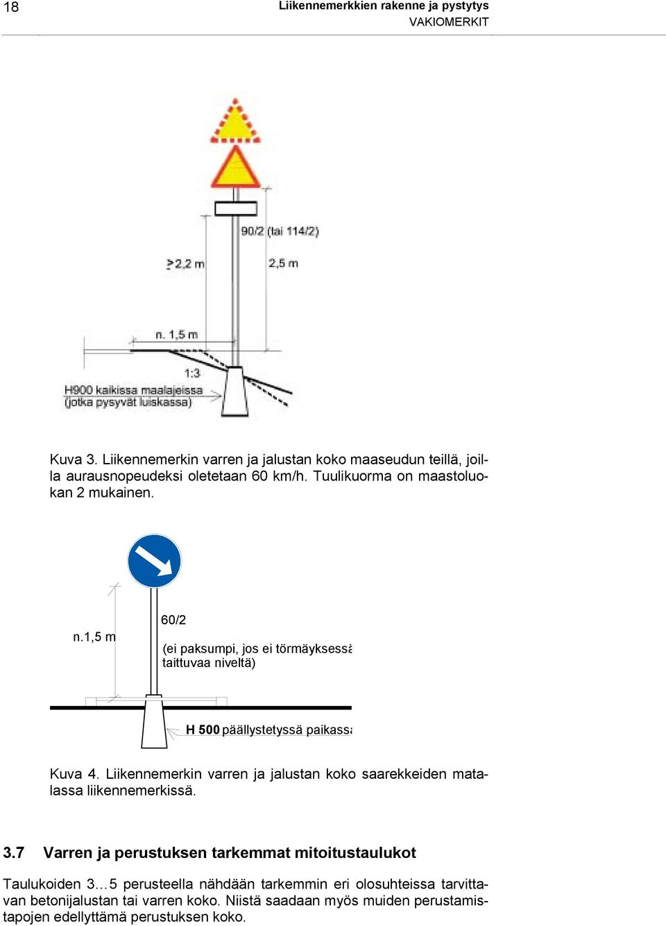 1,5 m 60/2 (ei paksumpi, jos ei törmäyksessä taittuvaa niveltä) H 500 päällystetyssä paikassa Kuva 4.