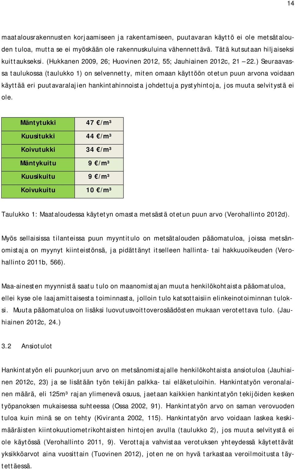 ) Seuraavassa taulukossa (taulukko 1) on selvennetty, miten omaan käyttöön otetun puun arvona voidaan käyttää eri puutavaralajien hankintahinnoista johdettuja pystyhintoja, jos muuta selvitystä ei