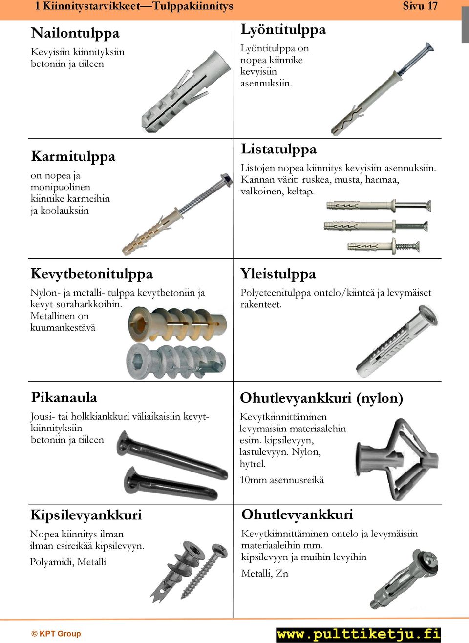 Kevytbetonitulppa Nylon- ja metalli- tulppa kevytbetoniin ja kevyt-soraharkkoihin. Metallinen on kuumankestävä Yleistulppa Polyeteenitulppa ontelo/kiinteä ja levymäiset rakenteet.