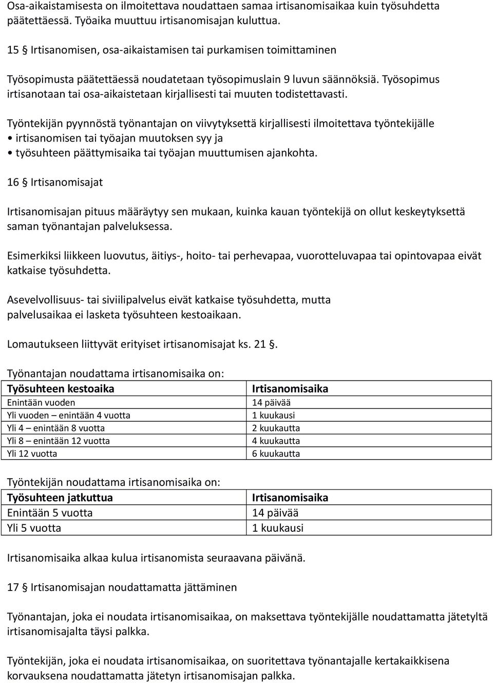 Työsopimus irtisanotaan tai osa-aikaistetaan kirjallisesti tai muuten todistettavasti.