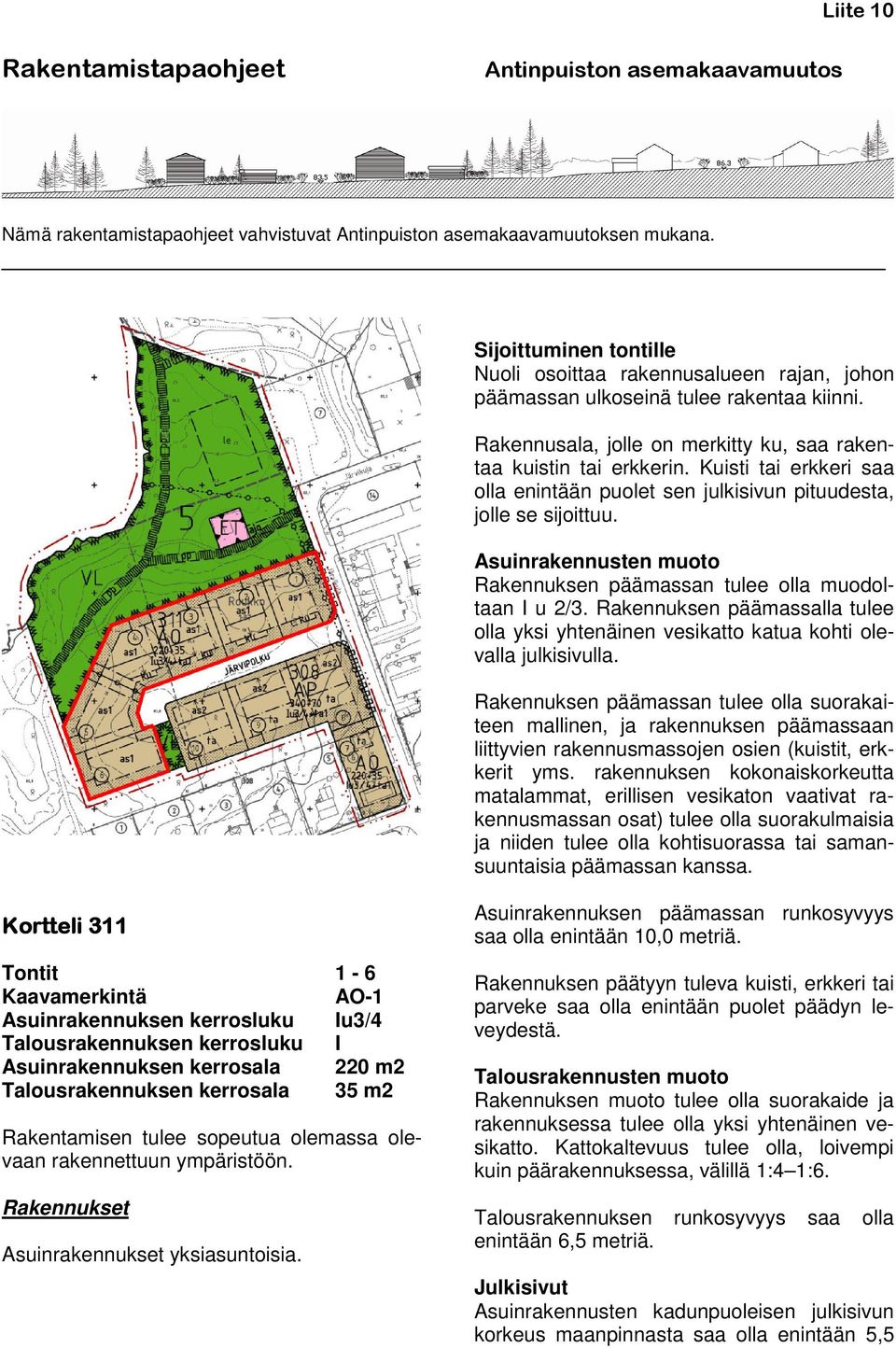 Asuinrakennusten muoto Rakennuksen päämassan tulee olla muodoltaan I u 2/3. Rakennuksen päämassalla tulee olla yksi yhtenäinen vesikatto katua kohti olevalla julkisivulla.