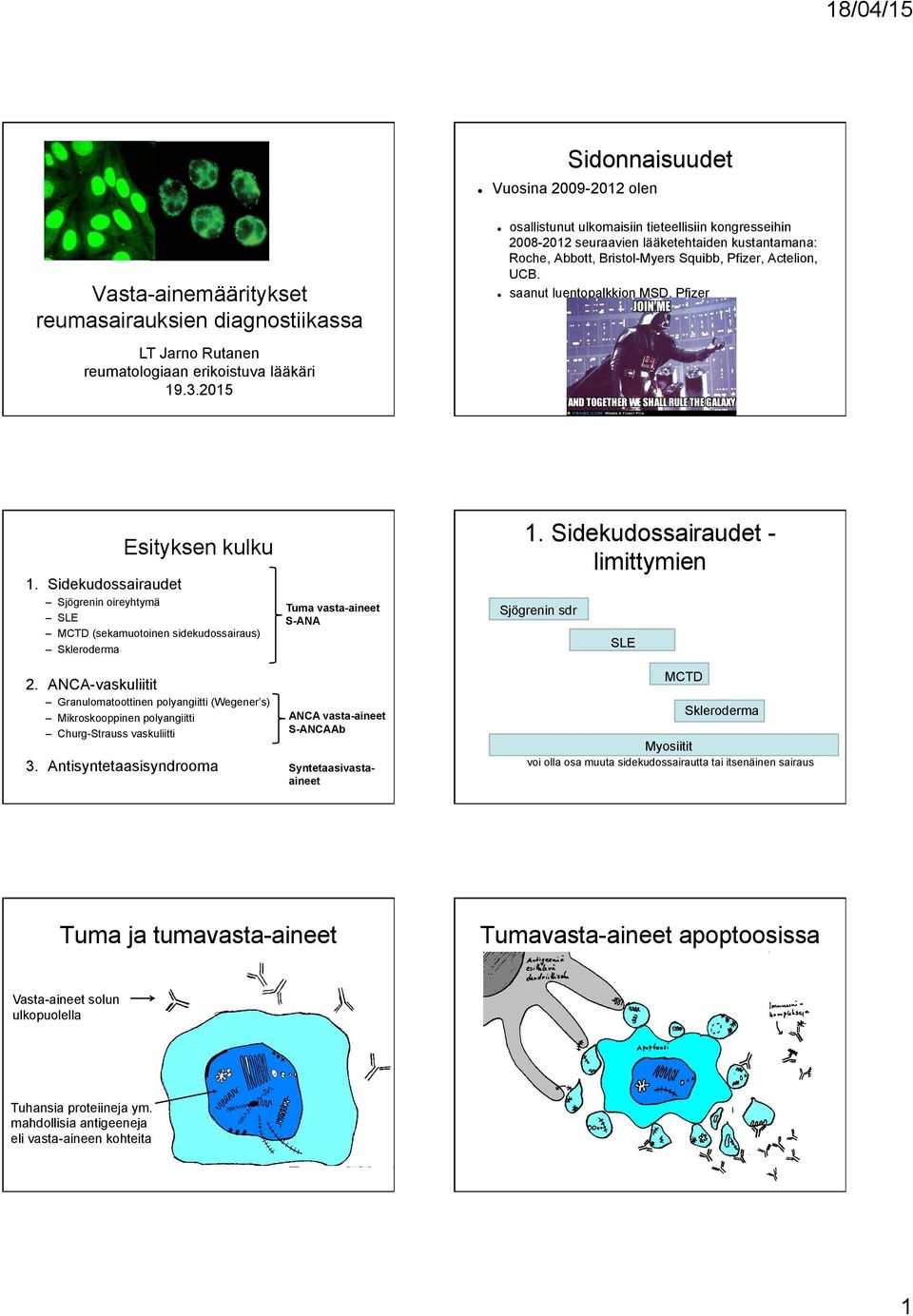 Sidekudossairaudet Sjögrenin oireyhtymä SLE MCTD (sekamuotoinen sidekudossairaus) Skleroderma 2.