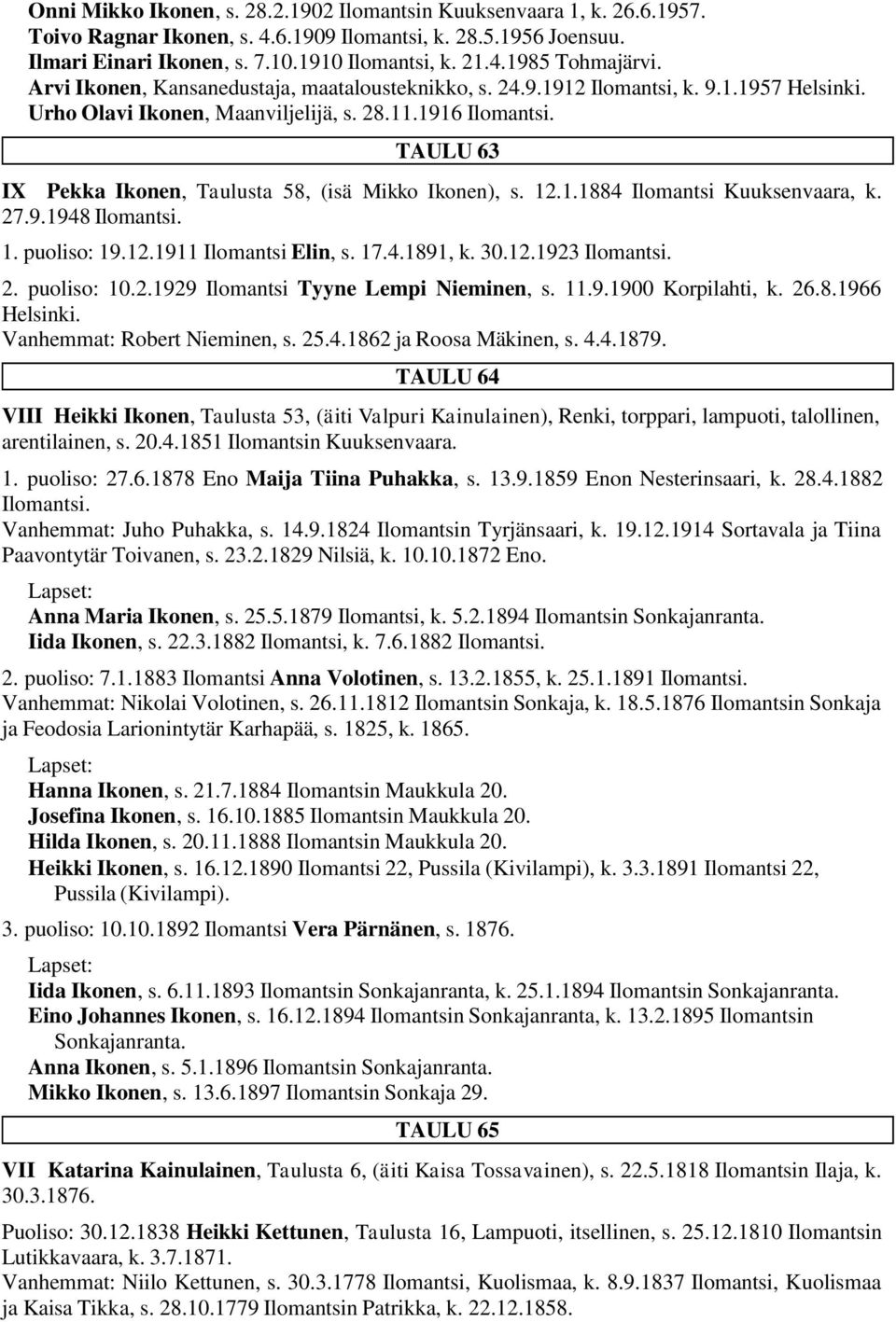 TAULU 63 IX Pekka Ikonen, Taulusta 58, (isä Mikko Ikonen), s. 12.1.1884 Ilomantsi Kuuksenvaara, k. 27.9.1948 Ilomantsi. 1. puoliso: 19.12.1911 Ilomantsi Elin, s. 17.4.1891, k. 30.12.1923 Ilomantsi. 2. puoliso: 10.