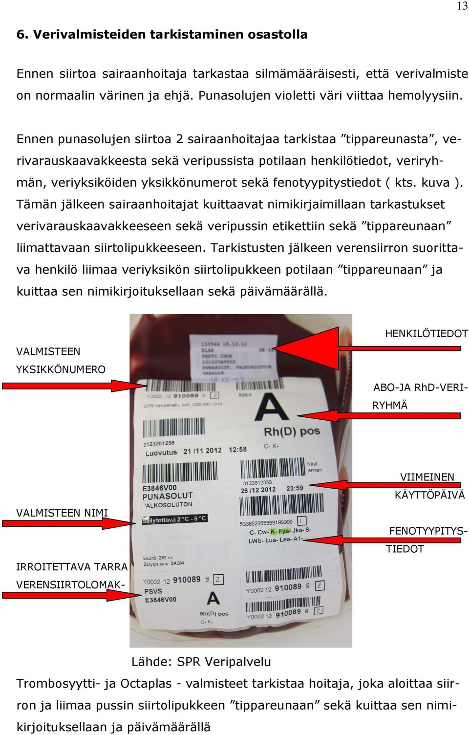 ( kts. kuva ). Tämän jälkeen sairaanhoitajat kuittaavat nimikirjaimillaan tarkastukset verivarauskaavakkeeseen sekä veripussin etikettiin sekä tippareunaan liimattavaan siirtolipukkeeseen.