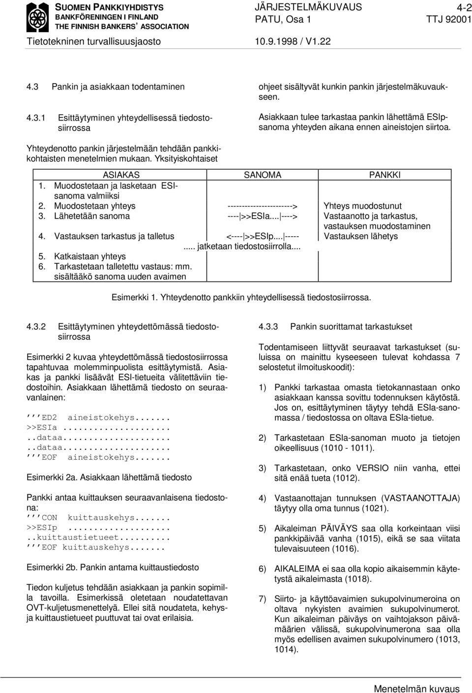 Yksityiskohtaiset ASIAKAS SANOMA PANKKI 1. Muodostetaan ja lasketaan ESIsanoma valmiiksi 2. Muodostetaan yhteys -----------------------> Yhteys muodostunut 3. Lähetetään sanoma ---- >>ESIa.