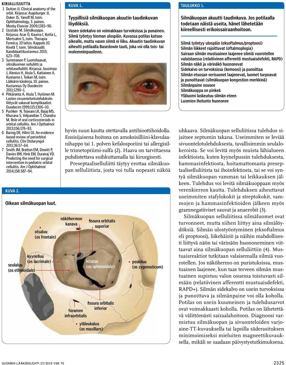 Luomihaavat, silmäluomen selluliitti ja orbitaselluliitti. Kirjassa: Jousimaa J, Alenius H, Atula S, Kattainen A, Kunnamo I, Teikari M, toim. Lääkärin käsikirja, 10. painos.