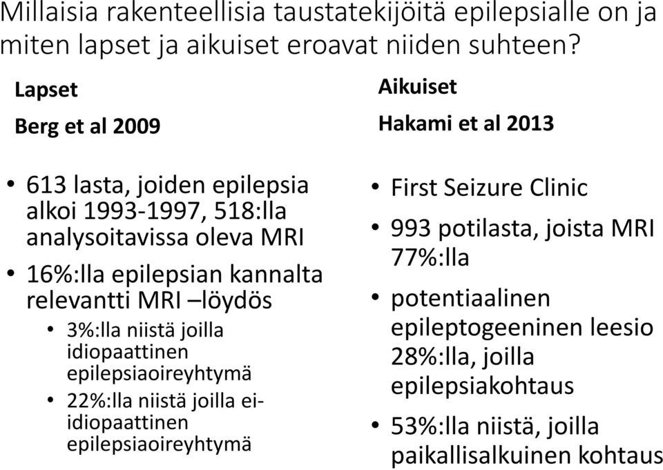 epilepsian kannalta relevantti MRI löydös 3%:lla niistä joilla idiopaattinen epilepsiaoireyhtymä 22%:lla niistä joilla eiidiopaattinen