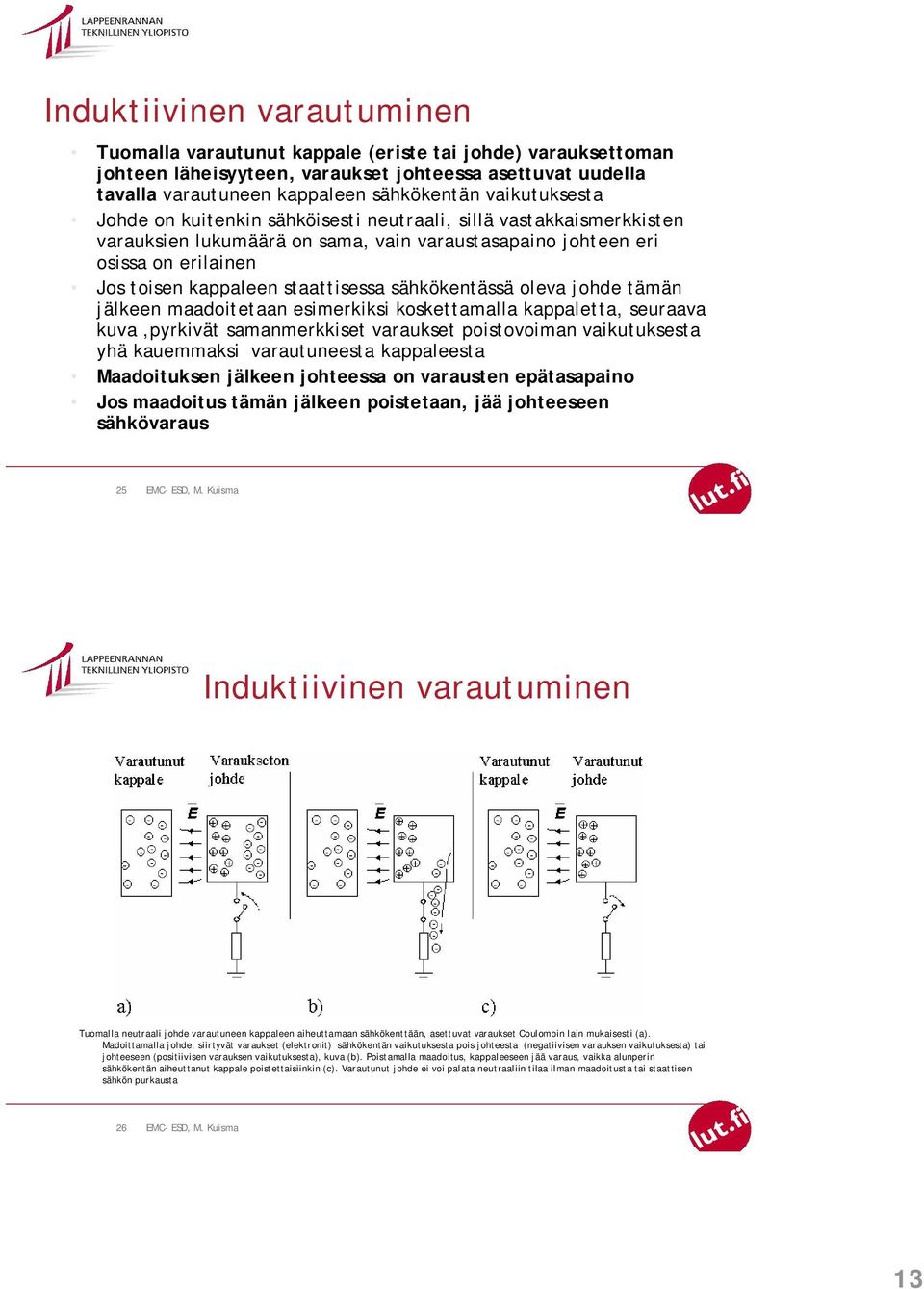 sähkökentässä oleva johde tämän jälkeen maadoitetaan esimerkiksi koskettamalla kappaletta, seuraava kuva,pyrkivät samanmerkkiset varaukset poistovoiman vaikutuksesta yhä kauemmaksi varautuneesta