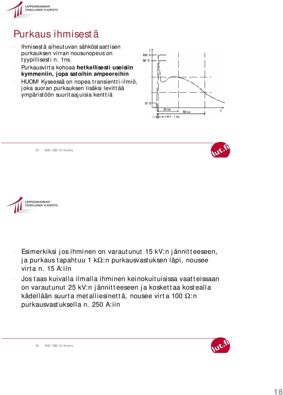 Kyseessä on nopea transientti-ilmiö, joka suoran purkauksen lisäksi levittää ympäristöön suuritaajuisia kenttiä 35 Esimerkiksi jos ihminen on varautunut 15 kv:n