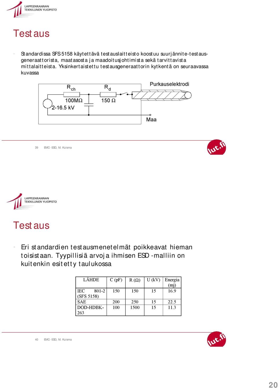 5 kv R d 150 Ω Purkauselektrodi Maa 39 Testaus Eri standardien testausmenetelmät poikkeavat hieman toisistaan.