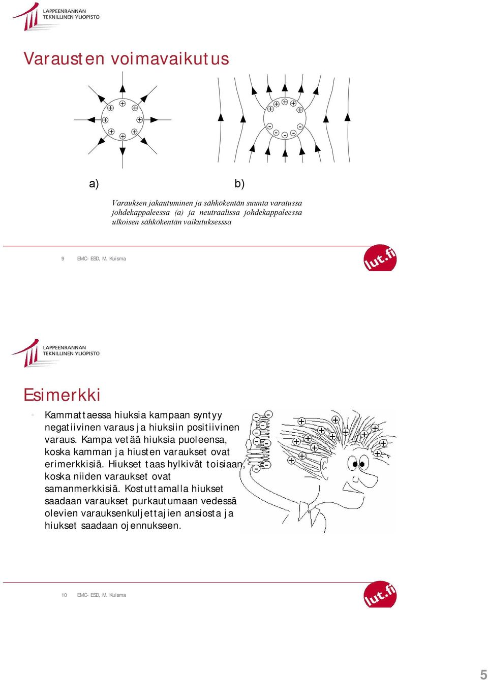 positiivinen varaus. Kampa vetää hiuksia puoleensa, koska kamman ja hiusten varaukset ovat erimerkkisiä.