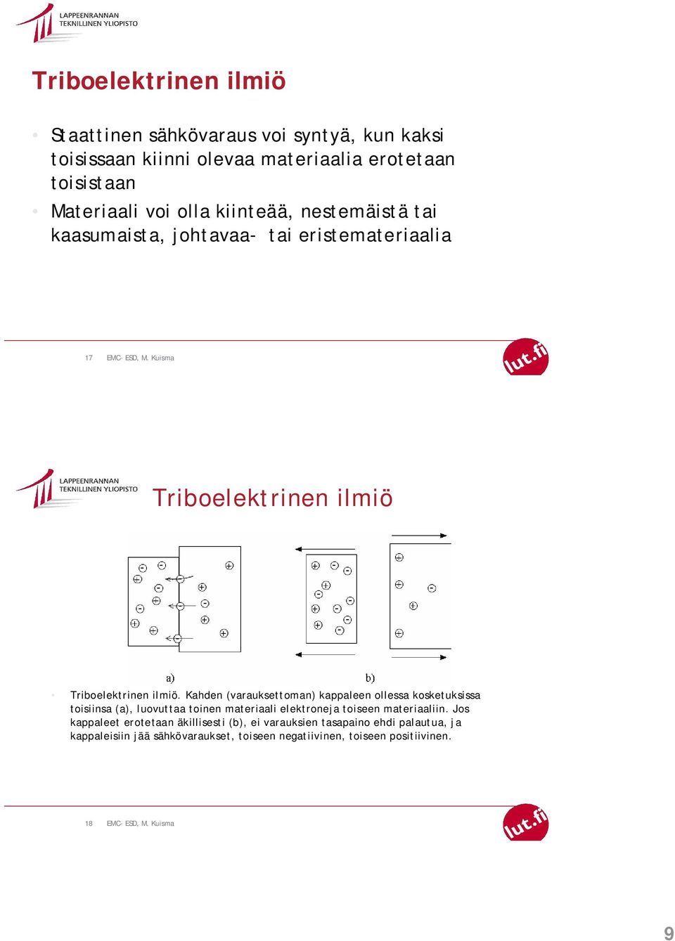 Kahden (varauksettoman) kappaleen ollessa kosketuksissa toisiinsa (a), luovuttaa toinen materiaali elektroneja toiseen materiaaliin.