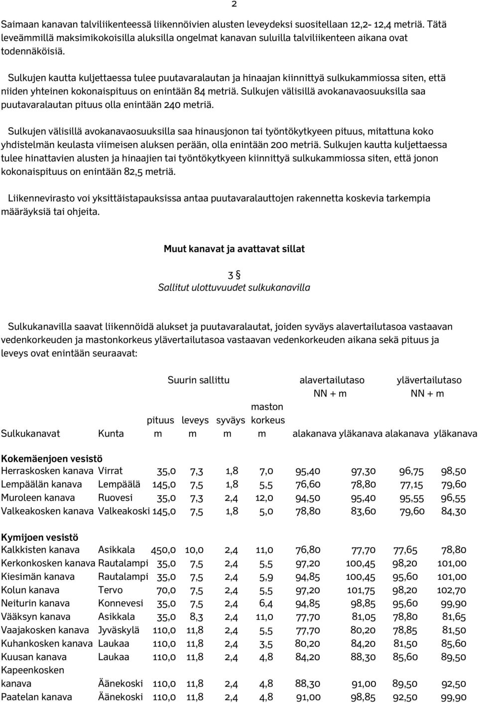 2 Sulkujen kautta kuljettaessa tulee puutavaralautan ja hinaajan kiinnittyä sulkukammiossa siten, että niiden yhteinen kokonaispituus on enintään 84 metriä.