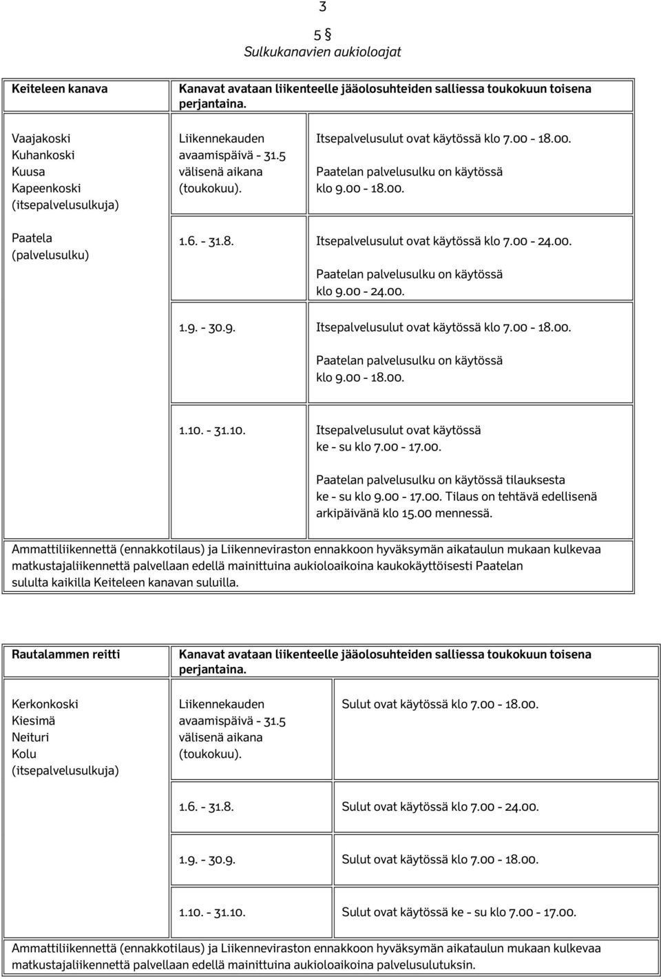 18.00. Paatelan palvelusulku on käytössä klo 9.00-18.00. Paatela (palvelusulku) 1.6. - 31.8. Itsepalvelusulut ovat käytössä klo 7.00-24.00. Paatelan palvelusulku on käytössä klo 9.00-24.00. 1.9. - 30.