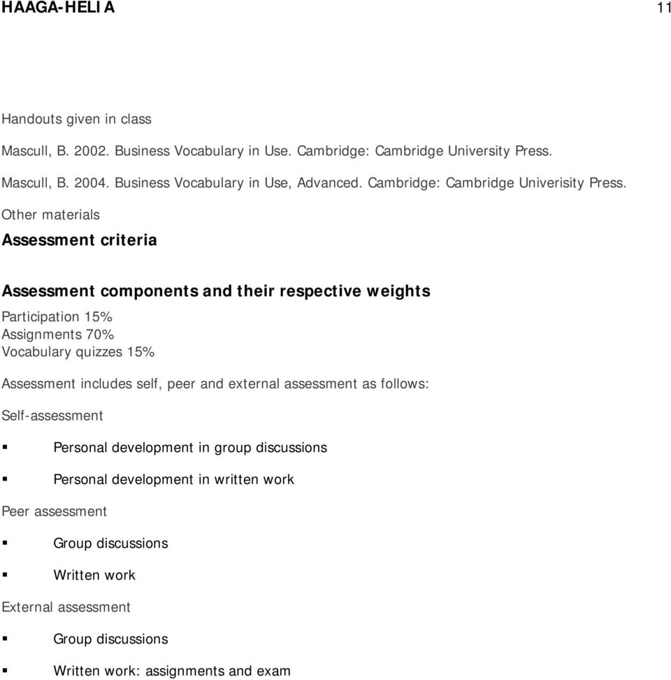 Other materials Assessment criteria Assessment components and their respective weights Participation 15% Assignments 70% Vocabulary quizzes 15% Assessment