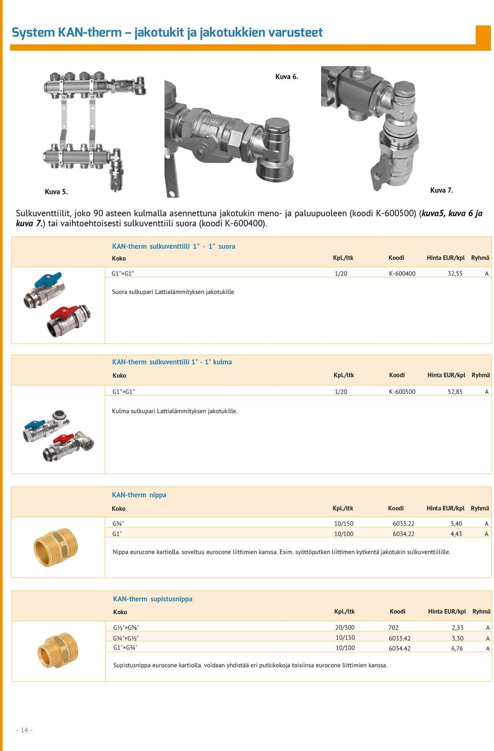 KAN-therm sulkuventtiili 1" - 1" suora G1 G1 1/0 K-600400,55 A Suora sulkupari Lattialämmityksen jakotukille KAN-therm sulkuventtiili 1" - 1" kulma G1 G1 1/0 K-600500 5,85 A Kulma sulkupari