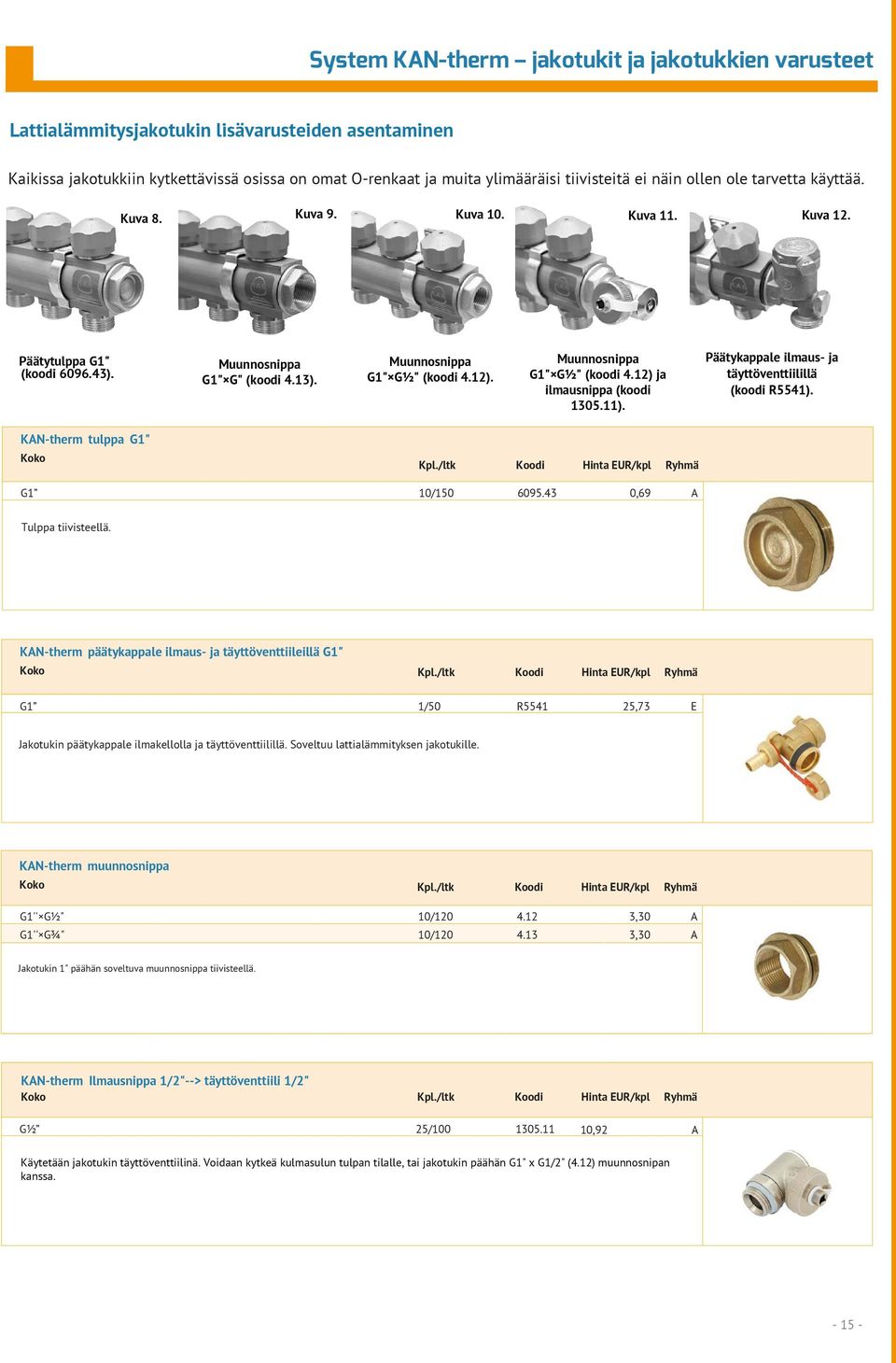 11). Päätykappale ilmaus- ja täyttöventtiilillä (koodi R5541). KAN-therm tulppa G1" G1 10/150 6095.4 0,69 A Tulppa tiivisteellä.