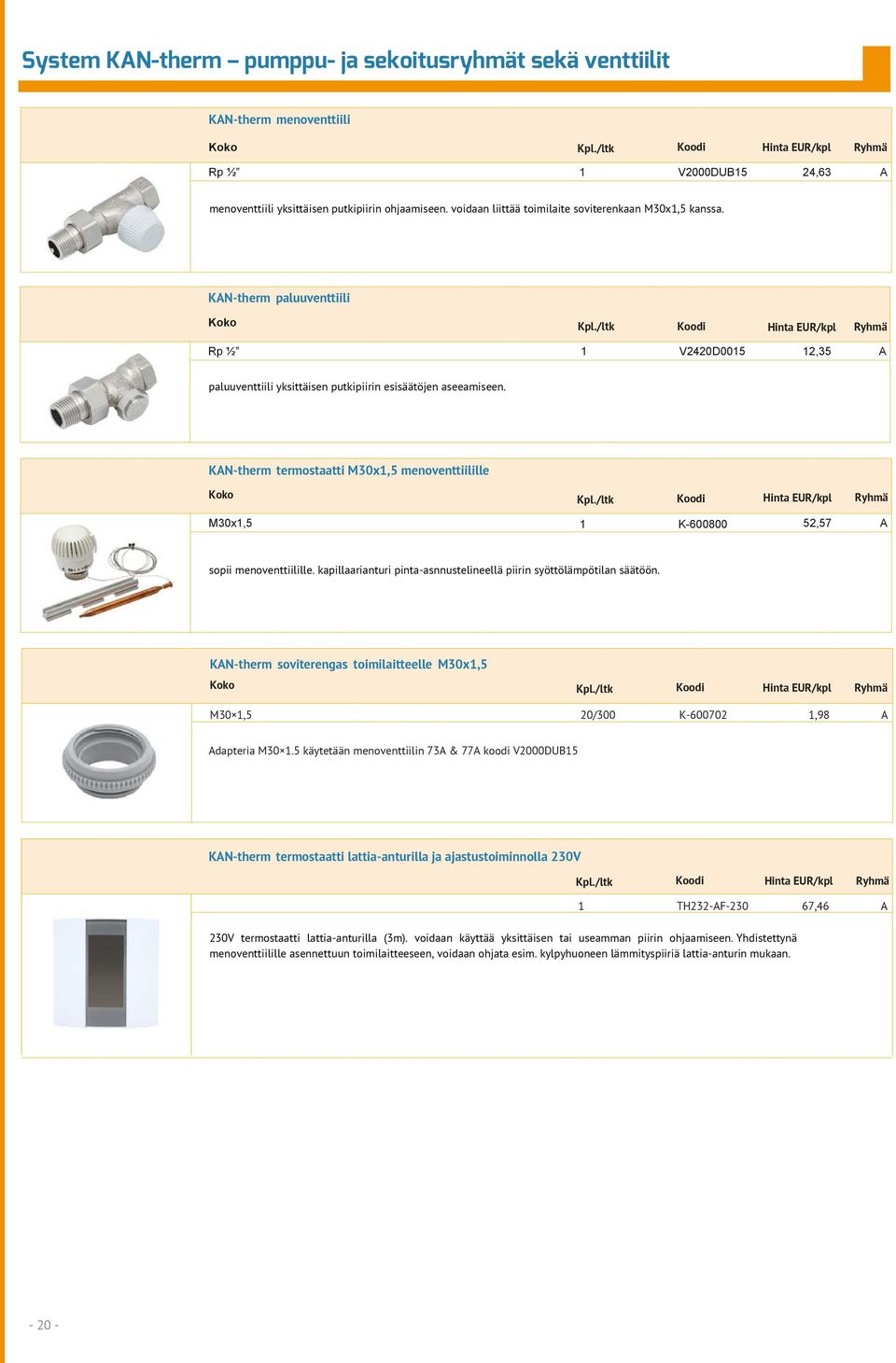 /ltk Koodi Hinta EUR/kpl Ryhmä Rp ½ 1 V40D0015 1,5 A paluuventtiili yksittäisen putkipiirin esisäätöjen aseeamiseen. KAN-therm termostaatti M0x1,5 menoventtiilille Kpl.