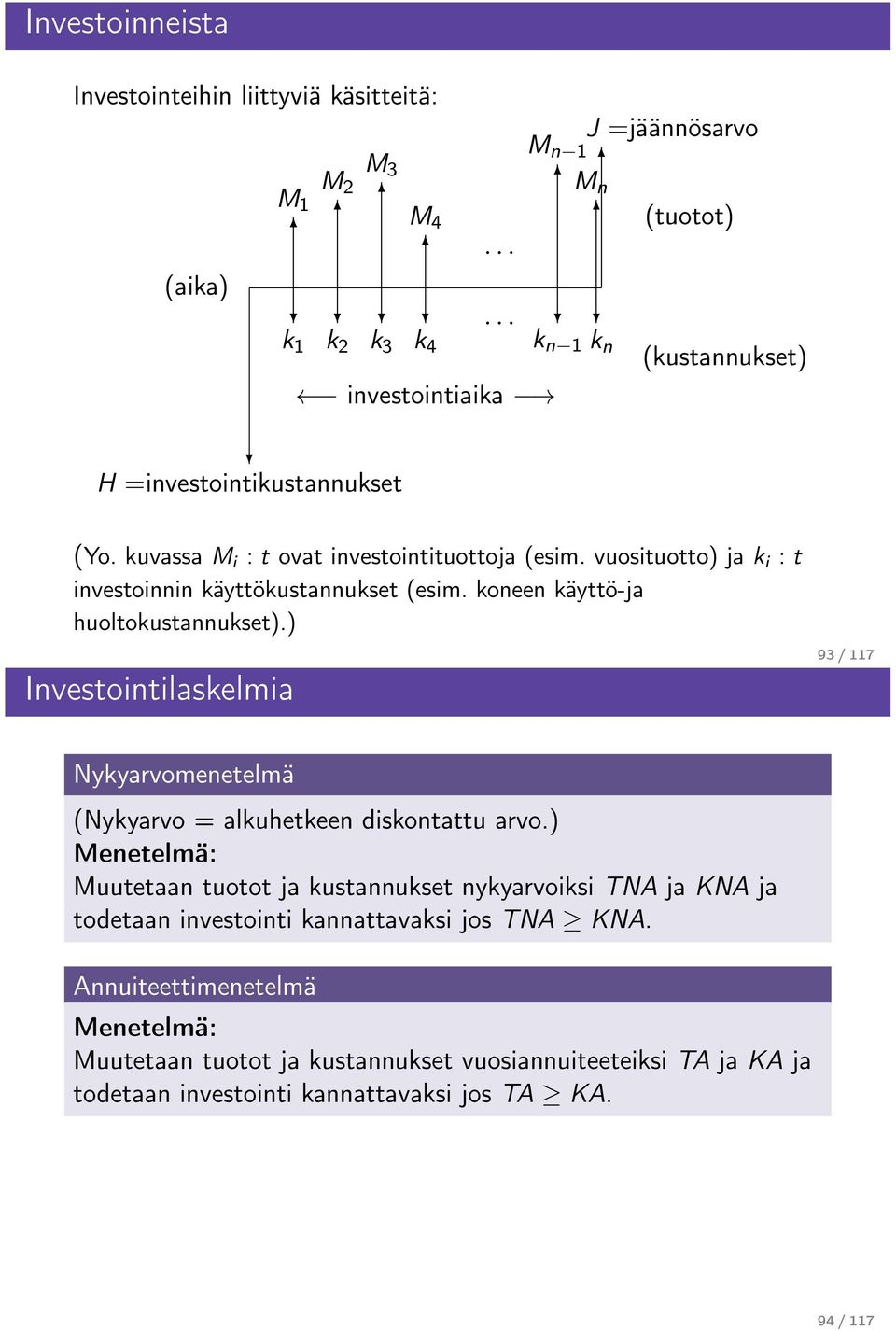 vuosituotto) ja k i : t investoinnin käyttökustannukset (esim. koneen käyttö-ja huoltokustannukset).