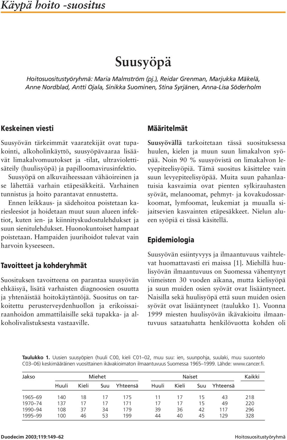 alkoholinkäyttö, suusyöpävaaraa lisäävät limakalvomuutokset ja -tilat, ultraviolettisäteily (huulisyöpä) ja papilloomavirusinfektio.