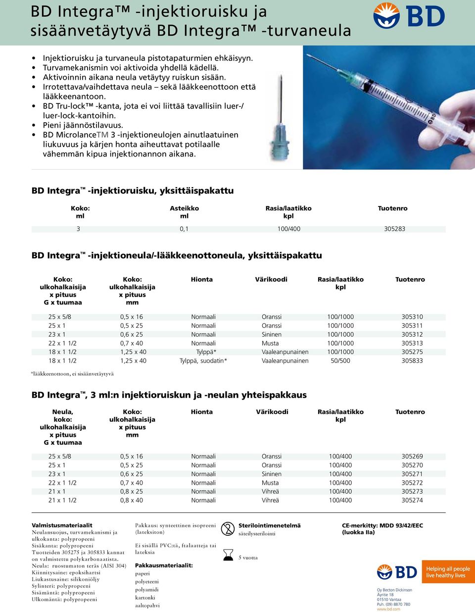 Pieni jäännöstilavuus. BD MicrolanceTM 3 -injektioneulojen ainutlaatuinen liukuvuus ja kärjen honta aiheuttavat potilaalle väheän kipua injektionannon aikana.