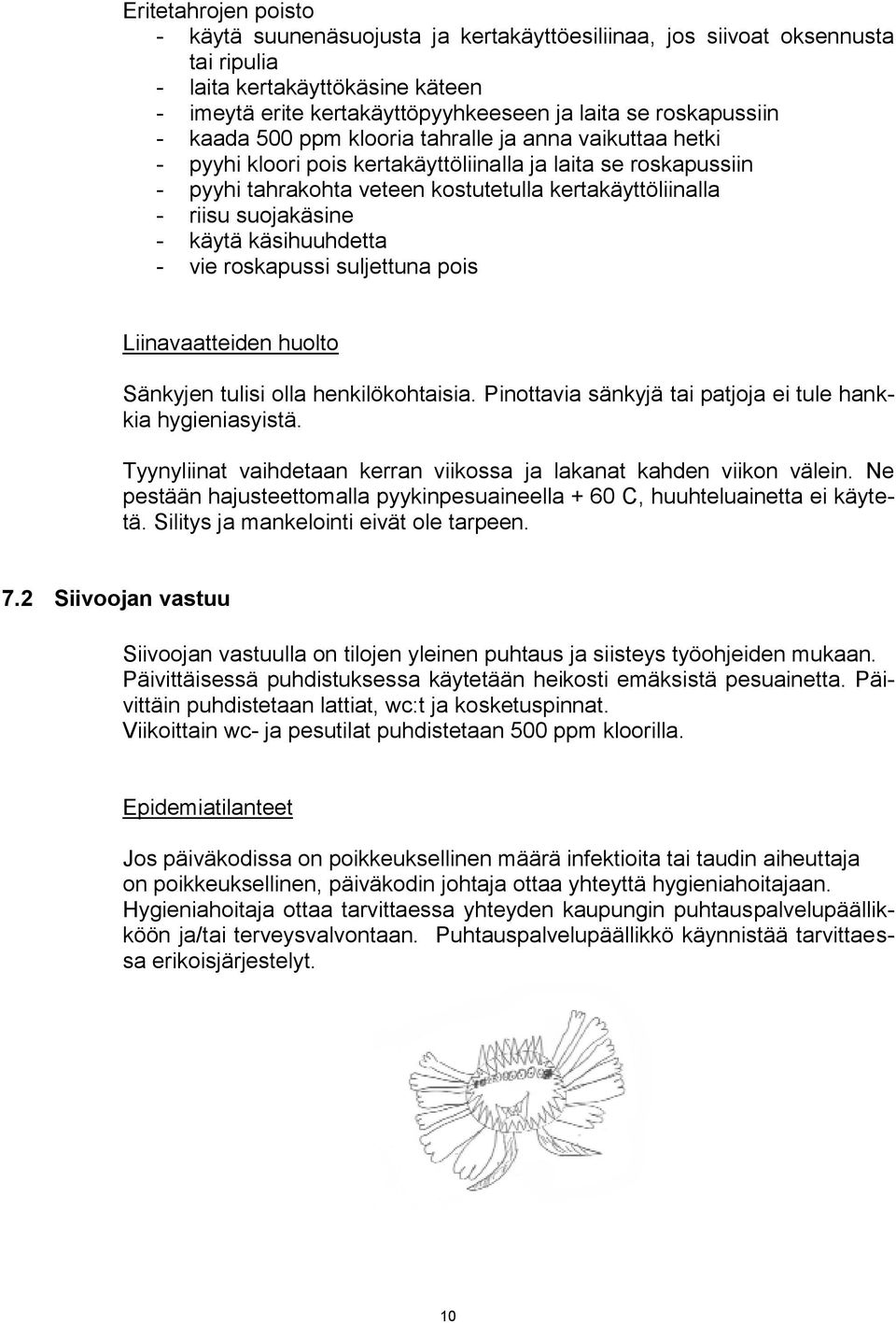 riisu suojakäsine - käytä käsihuuhdetta - vie roskapussi suljettuna pois Liinavaatteiden huolto Sänkyjen tulisi olla henkilökohtaisia. Pinottavia sänkyjä tai patjoja ei tule hankkia hygieniasyistä.