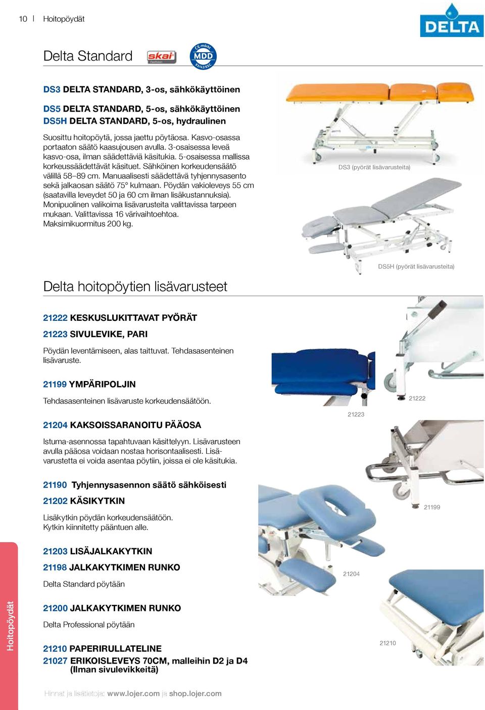 Manuaalisesti säädettävä tyhjennysasento sekä jalkaosan säätö 75 kulmaan. Pöydän vakioleveys 55 cm (saatavilla leveydet 50 ja 60 cm ilman lisäkustannuksia).