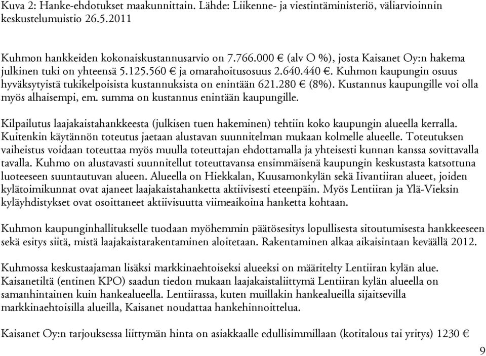 280 (8%). Kustannus kaupungille voi olla myös alhaisempi, em. summa on kustannus enintään kaupungille.