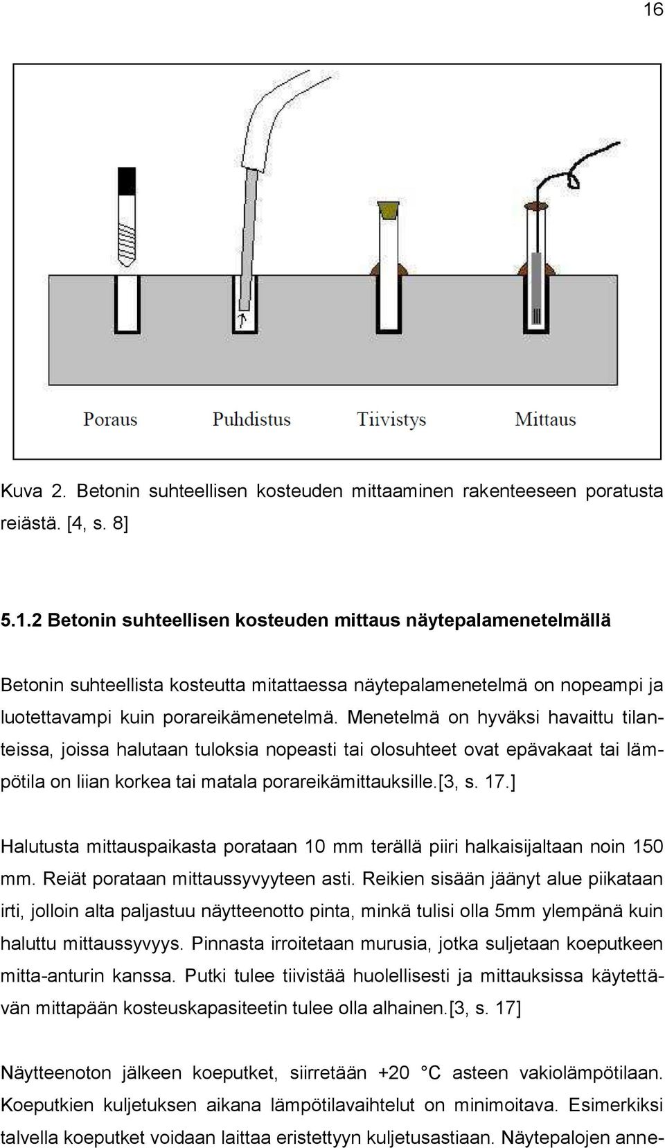 ] Halutusta mittauspaikasta porataan 10 mm terällä piiri halkaisijaltaan noin 150 mm. Reiät porataan mittaussyvyyteen asti.