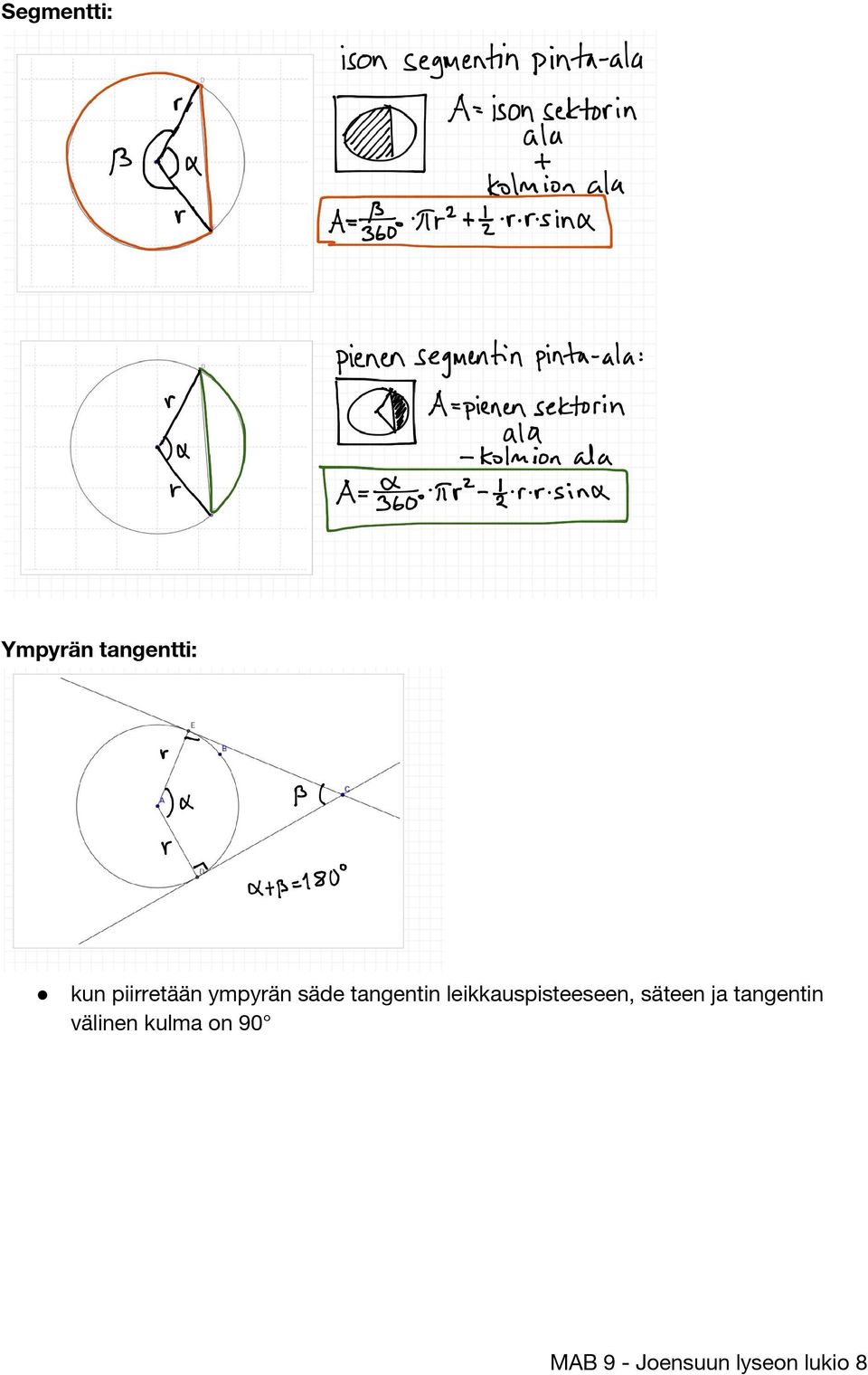 leikkauspisteeseen, säteen ja tangentin