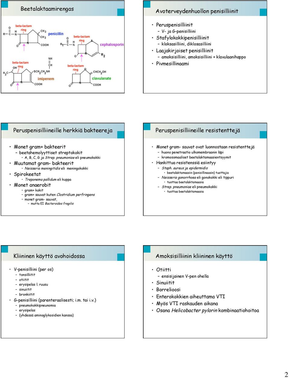 pneumoniae eli pneumokokki Muutamat gram- bakteerit Neisseria meningitidis eli meningokokki Spirokeetat Treponema pallidum eli kuppa Monet anaerobit gram+ kokit gram+ sauvat kuten Clostridium