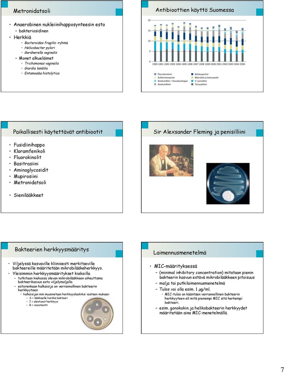 Aminoglycosidit Mupirosiini Metronidatsoli Sienilääkkeet Bakteerien herkkyysmääritys Viljelyssä kasvaville kliinisesti merkitseville bakteereille määritetään mikrobilääkeherkkyys.