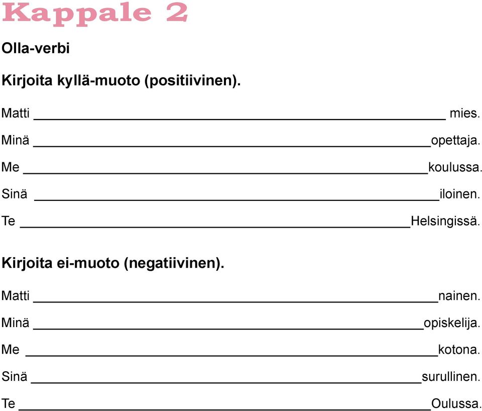 Te Helsingissä. Kirjoita ei-muoto (negatiivinen).