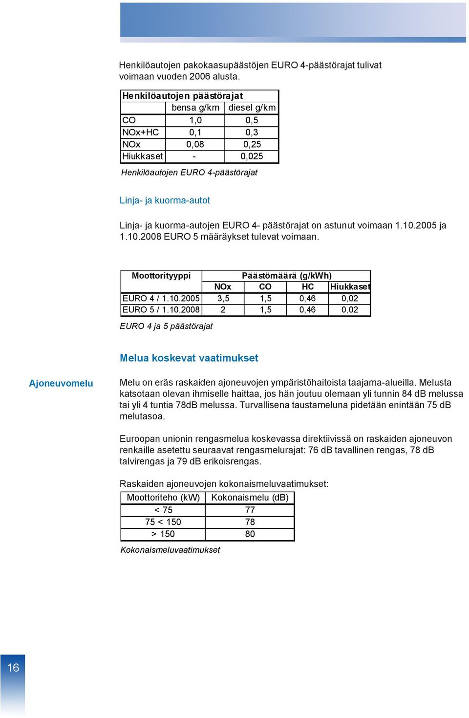 päästörajat on astunut voimaan 1.10.2005 ja 1.10.2008 EURO 5 määräykset tulevat voimaan. Moottorityyppi Päästömäärä (g/kwh) NOx CO HC Hiukkaset EURO 4 / 1.10.2005 3,5 1,5 0,46 0,02 EURO 5 / 1.10.2008 2 1,5 0,46 0,02 EURO 4 ja 5 päästörajat Melua koskevat vaatimukset Ajoneuvomelu Melu on eräs raskaiden ajoneuvojen ympäristöhaitoista taajama-alueilla.