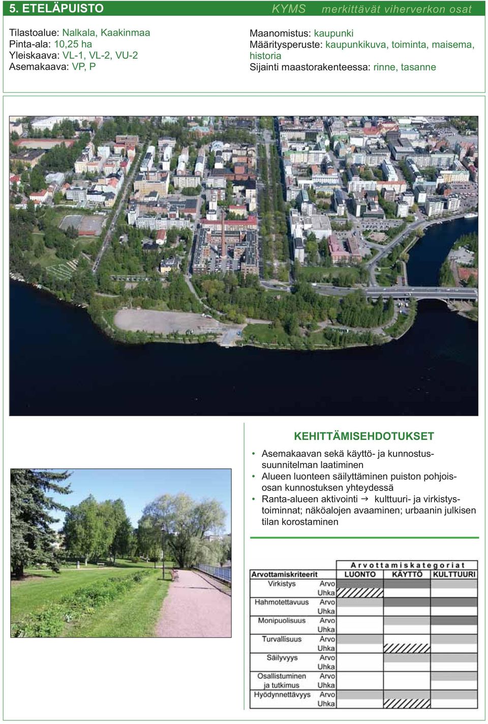sekä käyttö- ja kunnostussuunnitelman laatiminen Alueen luonteen säilyttäminen puiston pohjoisosan kunnostuksen